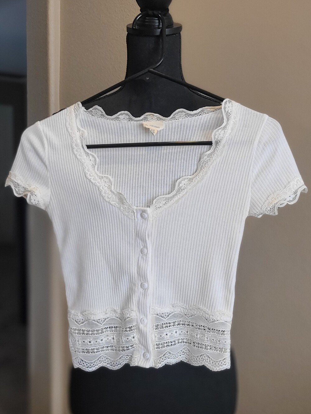 Caution To The Wind White Lace-Trim Ribbed Button Crop Top/Cardigan